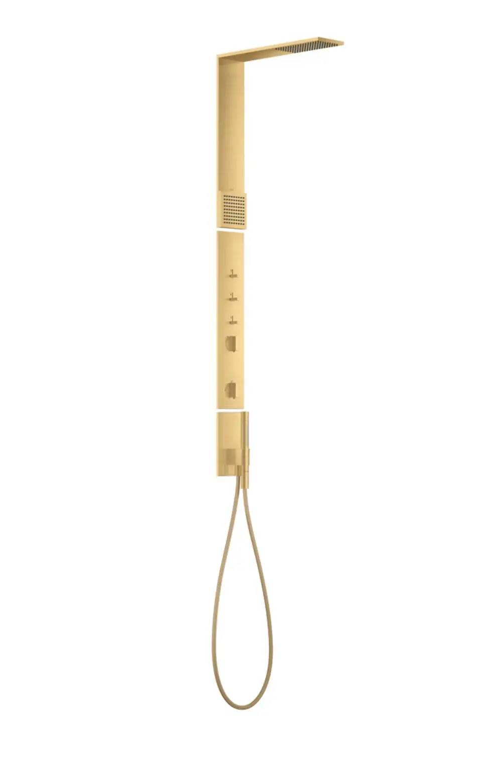 Duschpaneel von AXOR mit integriertem Thermostat, Kopfbrause und Handbrause in gebürsteter Goldoptik, montiert an der Wand.